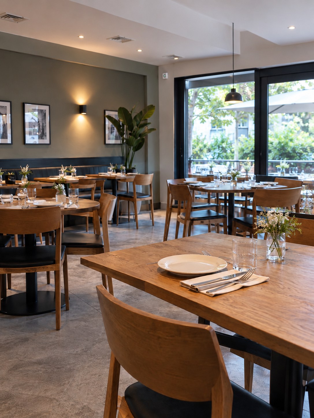 Sala de un restaurante con las mesas de madera preparadas y un gran ventanal al fondo